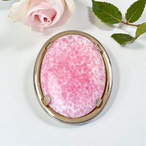 Vintage Mottled Pink & White Peking Glass Oval Cameo Style Brooch Gold Filled.